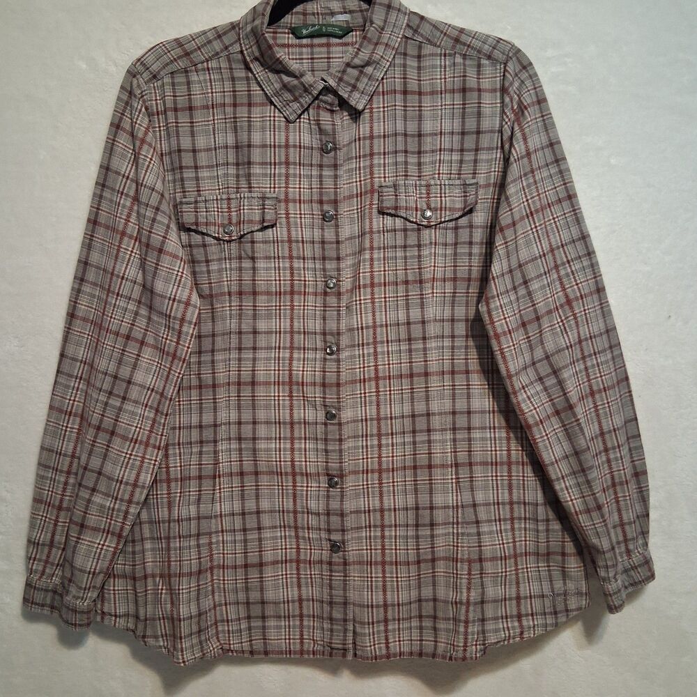 Woolrich XL Top Gray Red Plaid Pearl Snap Cotton Western Rodeo Cowgirl Ranch